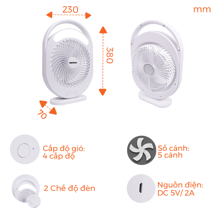 Quạt sạc hộp mini 6inch, có đèn LED