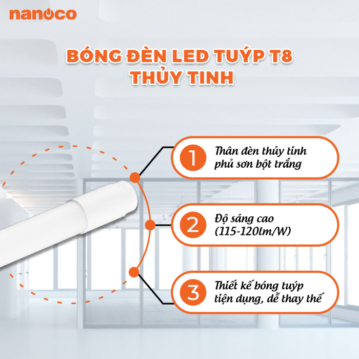 Bóng đèn LED Tuýp T8 thủy tinh Nanoco